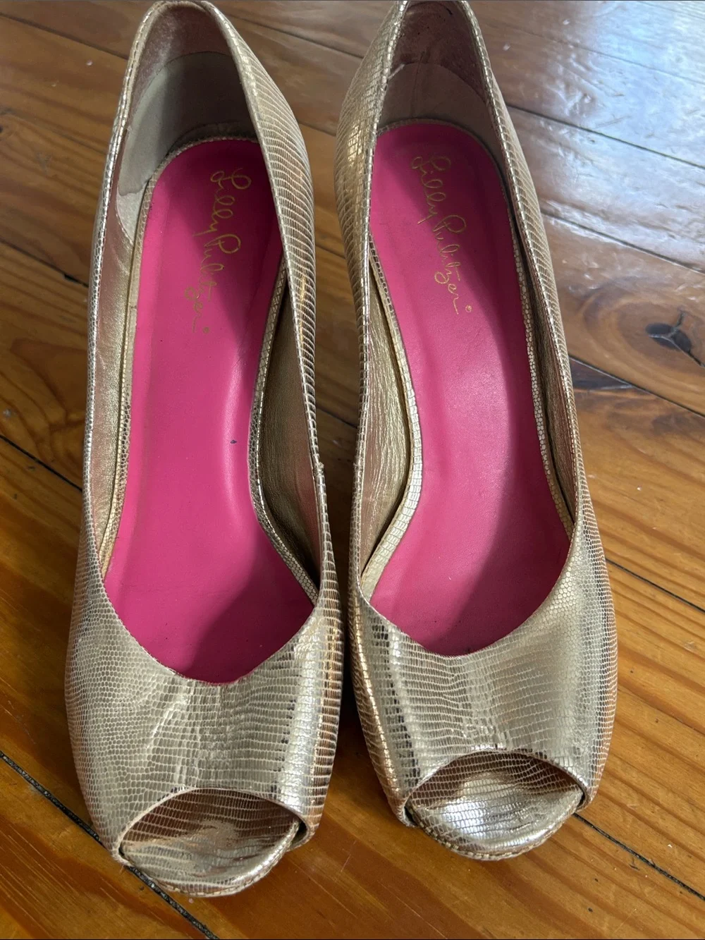 Lilly Pulitzer Metallic Gold Peep-Toe Wedge with Pink Insole